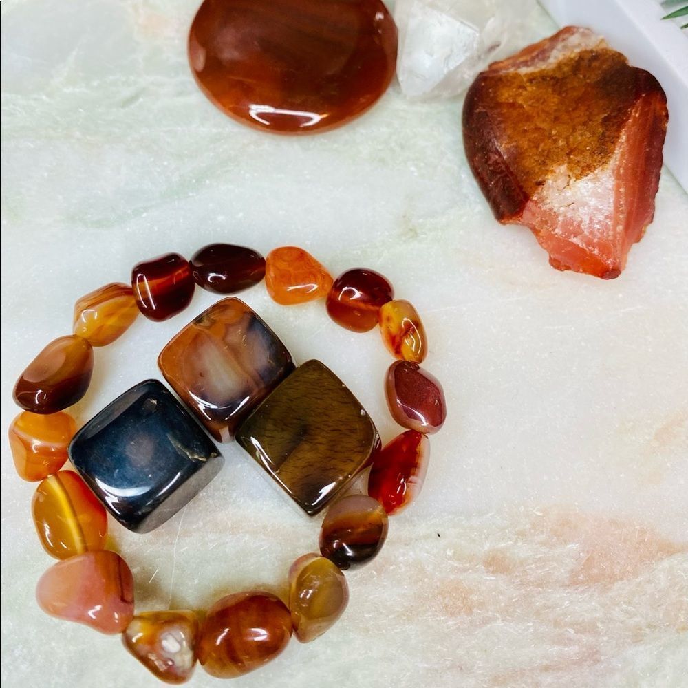 Red Carnelian Nugget Bead Unisex Stretch Bracelet + 3pc Carnelian Cubes Set - Picture 5 of 6